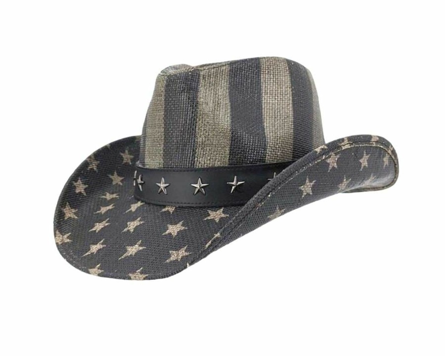 Hats * | Exceptional Design Deadwood Trading Liberty American Flag Shapeable Straw Cowboy Hat Black/Grey