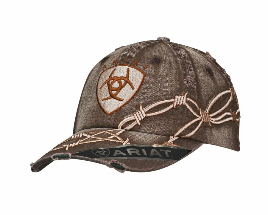 Hats * | Affordable Price Ariat Distressed Barbed Wire-Ball Cap Brown