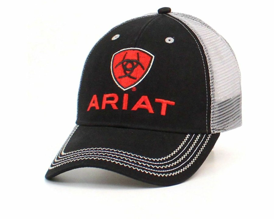 Hats * | Affordable Price Ariat Black With Red Shield Trucker Cap Black/Grey